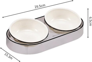 A dual pet bowl feeder on a white background with dimension arrows and labels showing 29.5 cm length, 15 at Pet Servo