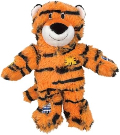A plush tiger toy in an orange and black striped costume, featuring a white snout and ears, black embroidered eyes and nose, and a small yellow chest emblem, isolated on a white background at Pet Servo
