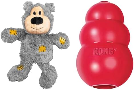 A gray plush bear dog toy with yellow paw patches shown next to a red Kong Kube dog toy on a plain white background at Pet Servo