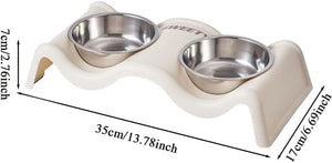 A double pet feeder and waterer with stainless steel bowls on a cream-colored wavy base, shown with dimension lines and text indicating measurements of 35cm length, 17cm width, and 7cm depth at Pet Servo