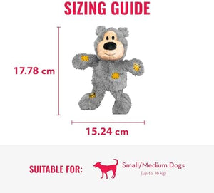 A sizing guide graphic for a gray plush dog toy, showing the toy centered with red dimension lines and measurements of 17.78 cm in height and 15 at Pet Servo