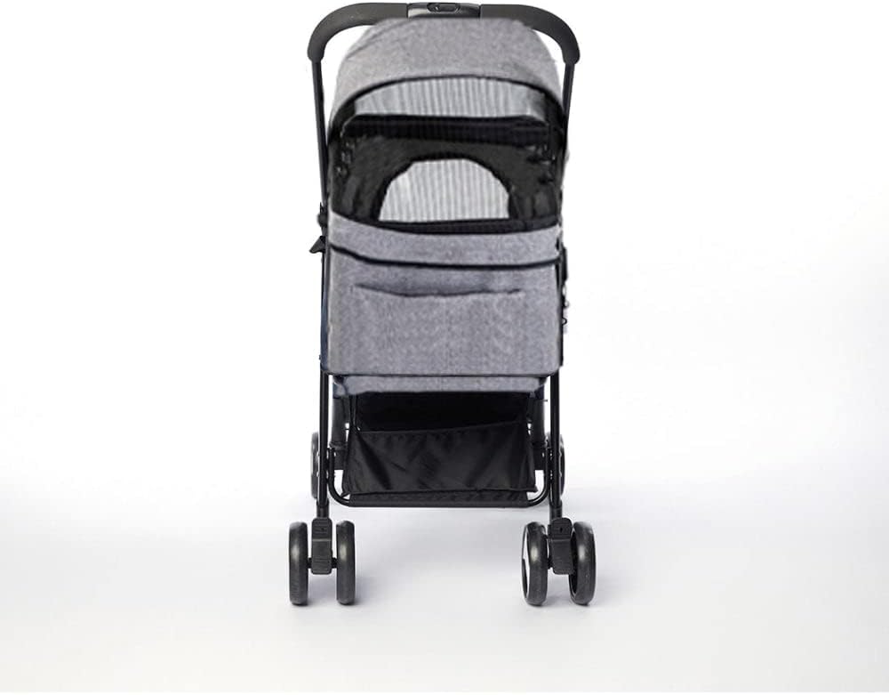 A pet stroller with a gray textured fabric canopy and black frame, featuring mesh windows and four black wheels, shown against a plain white background at Pet Servo