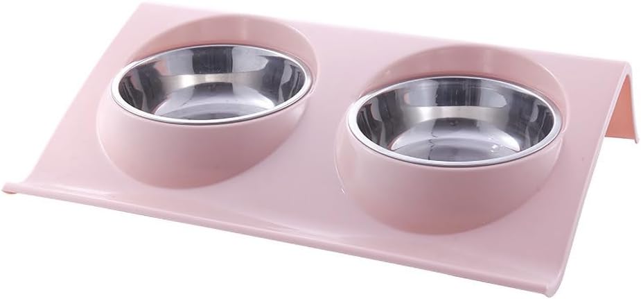 A pink elevated double pet feeder and water bowl stand with two stainless steel bowls, shown on a plain white background at Pet Servo