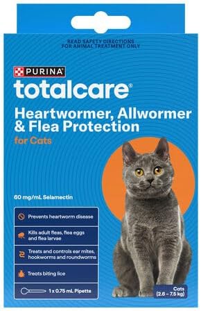 Purina Totalcare heartworm, allwormer & flea protection for cats packaging with a cat illustration on a blue background at Pet Servo
