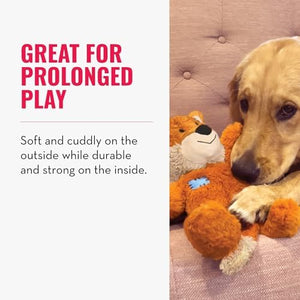 Dog playing with a teddy bear, text about prolonged play, soft and cuddly on the outside, durable on the inside at Pet Servo