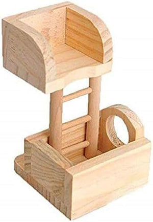Wooden toy structure with a ramp and circular platform on a white background at Pet Servo