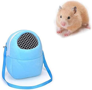 Small blue pet carrier with a hamster on a white background at Pet Servo