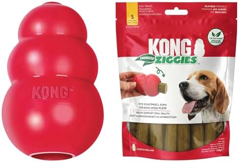 A red Kong dog toy sits next to its retail packaging, which shows the KONG Ziggies brand, a beagle photo, and a clear window displaying the wooden chew sticks inside at Pet Servo