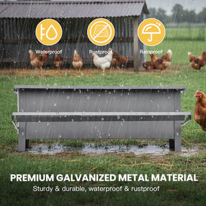 Metal chicken coop in a rain-soaked field with text highlighting its features at Pet Servo