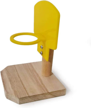 Yellow archery target stand with wooden base on a white background at Pet Servo