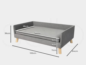 Gray pet bed with dimensions marked on a white background at Pet Servo