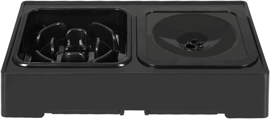 A black dual-compartment pet water fountain with one bowl featuring a spiral pattern and the other a smooth circular bowl, shown against a plain white background at Pet Servo