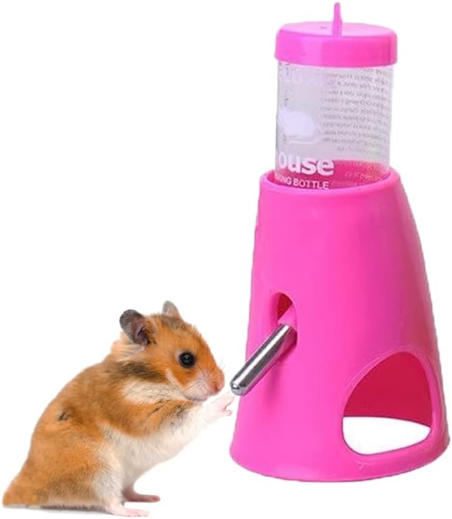 Pink pet water bottle with a small animal next to it on a white background at Pet Servo