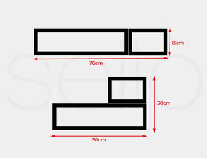 A simple black-and-white product measurement diagram showing two rectangular panel pieces with red dimension arrows and labels: 70 cm by 15 cm and 50 cm by 30 cm, on a light gray background at Pet Servo