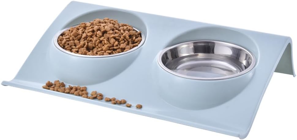 A light blue elevated two-bowl pet feeder and waterer stand, shown with a bowl filled with dry kibble and a stainless-steel water bowl on a white background at Pet Servo