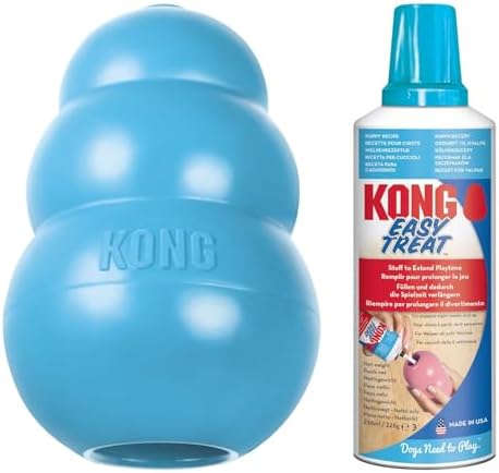 A light blue Kong dog toy shown next to a can of KONG Easy Treat spray, on a plain white background at Pet Servo