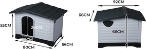 Two views of a small doghouse with dimension labels: one front view showing 55CM height, 38CM door opening, 25CM width, and 56CM depth; the other side view showing 92CM width, 68CM height, and 66CM height. The doghouse has a dark gray roof, white siding, and black base details at Pet Servo