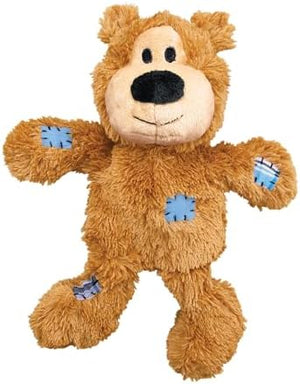 A brown plush teddy bear dog toy with blue stitched paw and knee patches, isolated on a white background at Pet Servo