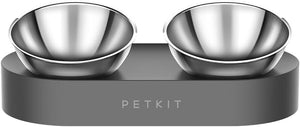 PetKit stainless steel double bowl feeder on a black base at Pet Servo