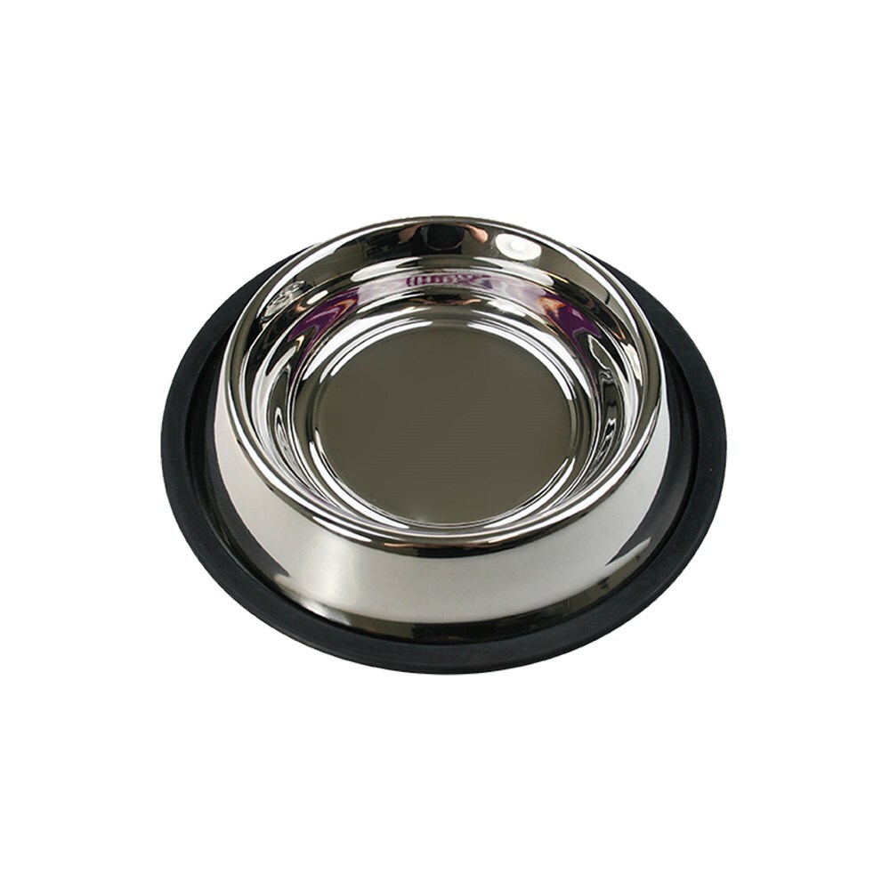 Stainless steel dog bowl with black rubber rim on a white background at Pet Servo