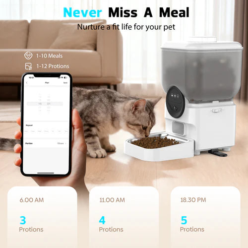 Pet feeder with smartphone app interface and cat eating in a living room at Pet Servo