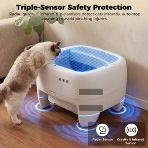 Cat interacting with a self-cleaning pet robot with safety sensor text overlay at Pet Servo
