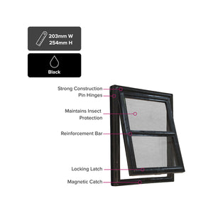 Pillar Products Flyscreen Pet Door Black Medium 202x254mm with dimentions image- PetServo