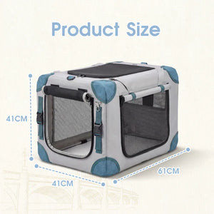 A foldable pet crate shown with overlaid dimension lines and text reading Product Size, indicating measurements of 41CM height, 41CM width, and 61CM depth at Pet Servo