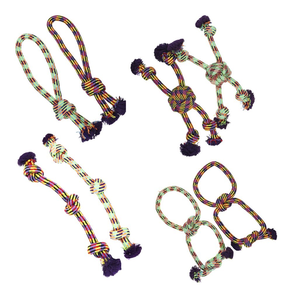 Set of colorful dog rope toys on a white background at Pet Servo