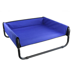 Blue pet bed with black metal frame on a white background at Pet Servo