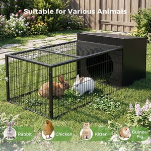 Black pet cage suitable for various animals in a garden setting with flowers and plants at Pet Servo
