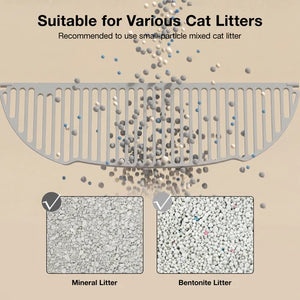 A gray plastic cat litter tray divider shown on a beige background with text stating it is suitable for various cat litters and recommended for small-particle mixed cat litter. Two inset boxes below show mineral litter and bentonite litter textures with check marks indicating compatibility at Pet Servo