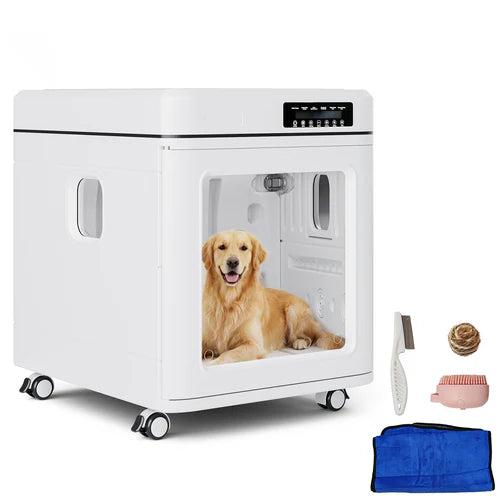 Pet travel crate with a dog inside, accompanied by grooming tools and a blanket on a white background at Pet Servo