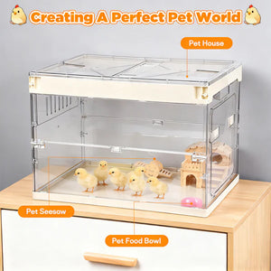 Pet house with chicks and labeled features on a wooden surface.