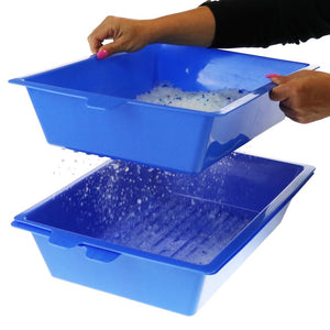 Two blue plastic trays with one being lifted to reveal soapy water inside, on a white background at Pet Servo