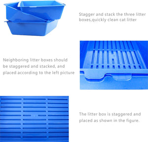 Blue cat litter boxes with staggered and stacked arrangement at Pet Servo