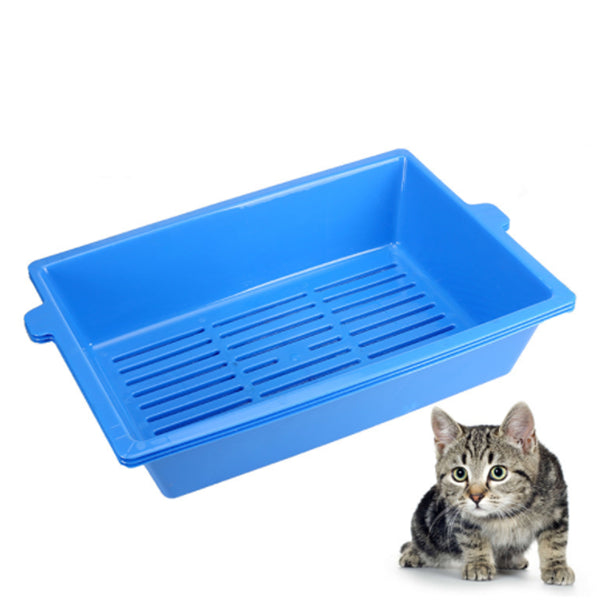 Blue plastic cat litter box with a kitten on a white background at Pet Servo