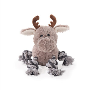 Plush moose toy with rope on a white background at Pet Servo