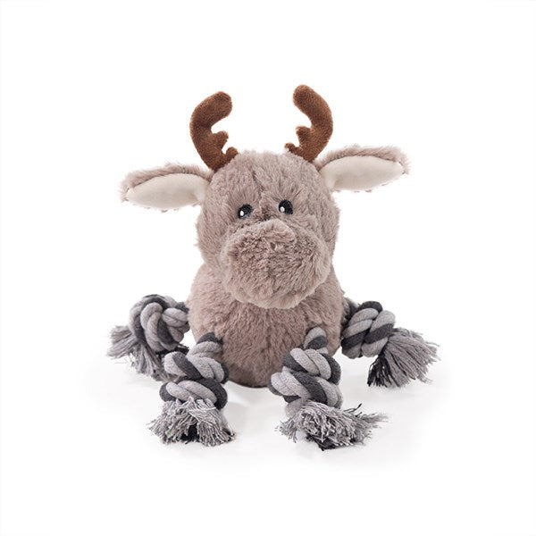 Plush moose toy with rope on a white background at Pet Servo