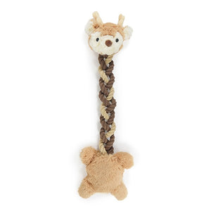 Plush dog toy with braided rope and deer head design on a white background at Pet Servo