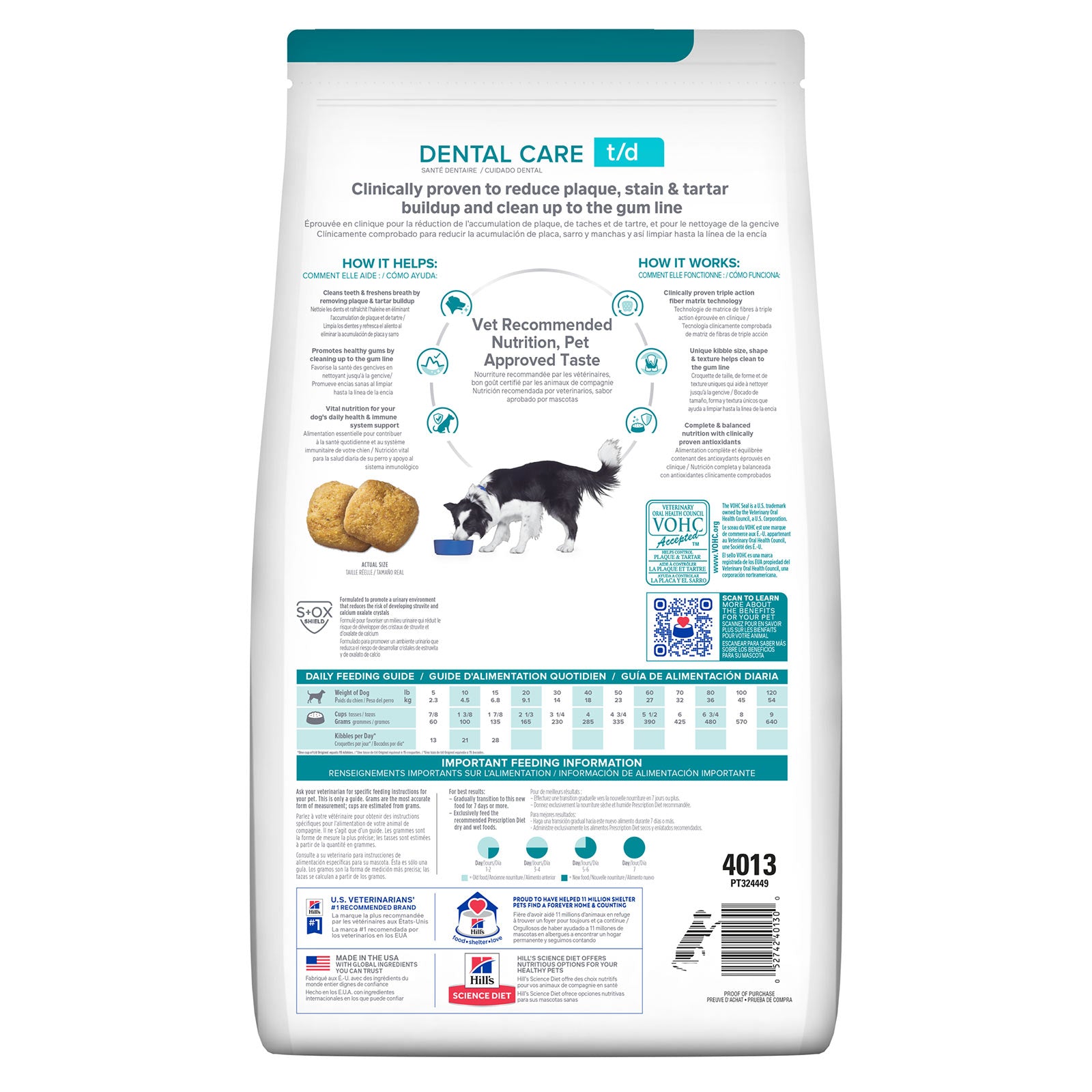 Cat food package with dental care information on a white background