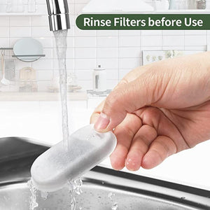 Person rinsing a filter under running water with text 'Rinse Filters before Use' displayed at Pet Servo