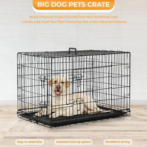 Dog crate with a dog inside on a wooden floor, featuring text about the product's features.