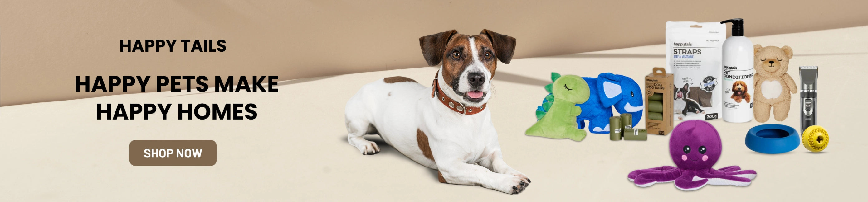 Happy tails brand main banner with product images at Pet Servo