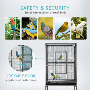 Birdcage with birds and safety features on a light gray background