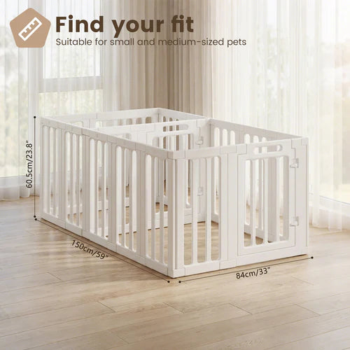 White pet playpen with dimensions on a wooden floor at Pet Servo