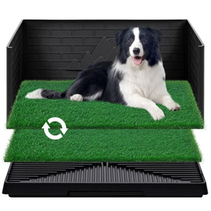 A black plastic dog pee station with two green artificial turf mats, shown with a black-and-white dog lying on the top mat. A white circular arrow icon is visible on the front of the turf at Pet Servo