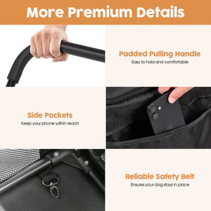 Dog stroller features with text highlighting padded pulling handle, side pockets, and reliable safety belt.