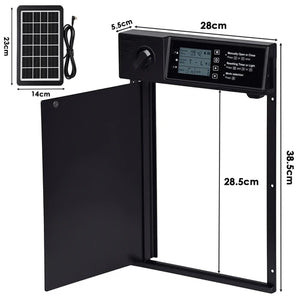 Black electronic device with solar panel and digital display, showing dimensions on a white background at Pet Servo