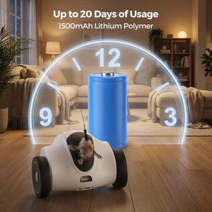 Pet carrier with wheels on a wooden floor, surrounded by a clock graphic and text about battery life at Pet Servo